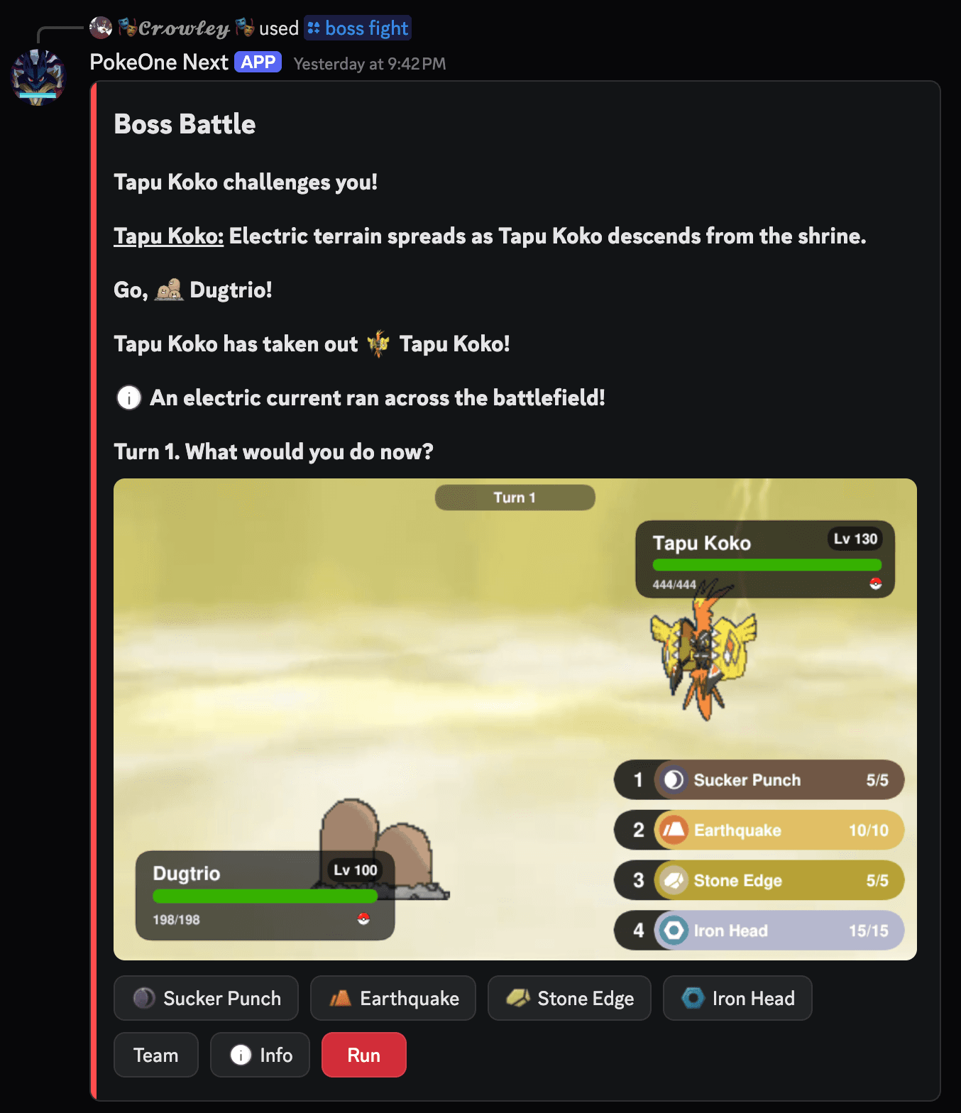 Boss battle screenshot against Tapu Koko inside Discord.