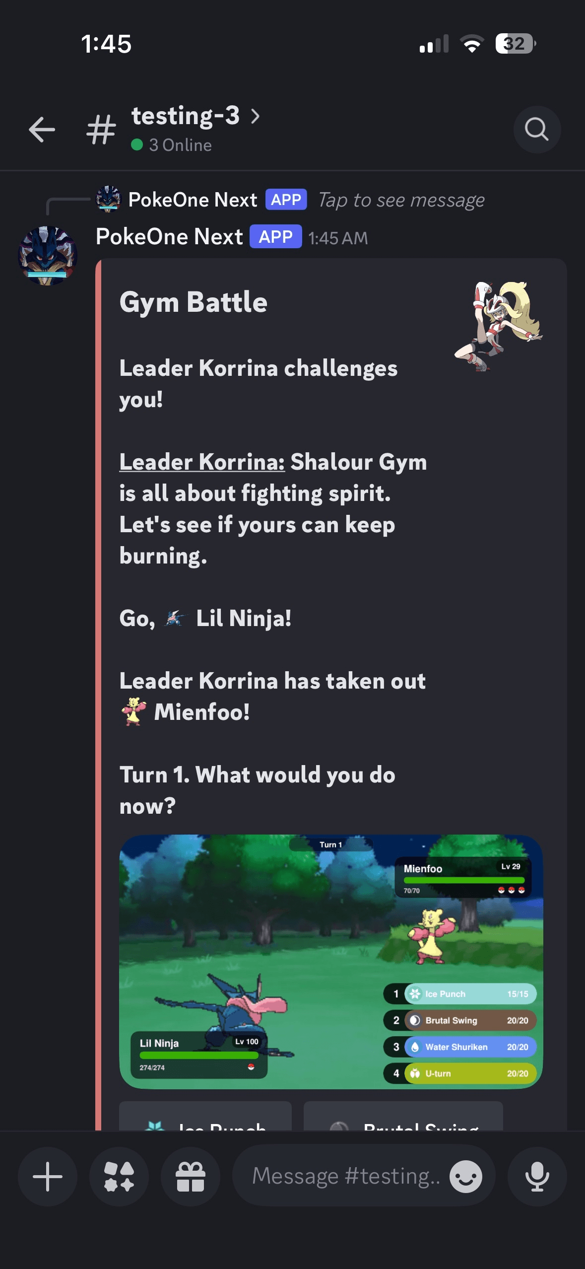 Mobile Discord screenshot showing a gym battle against Korrina.