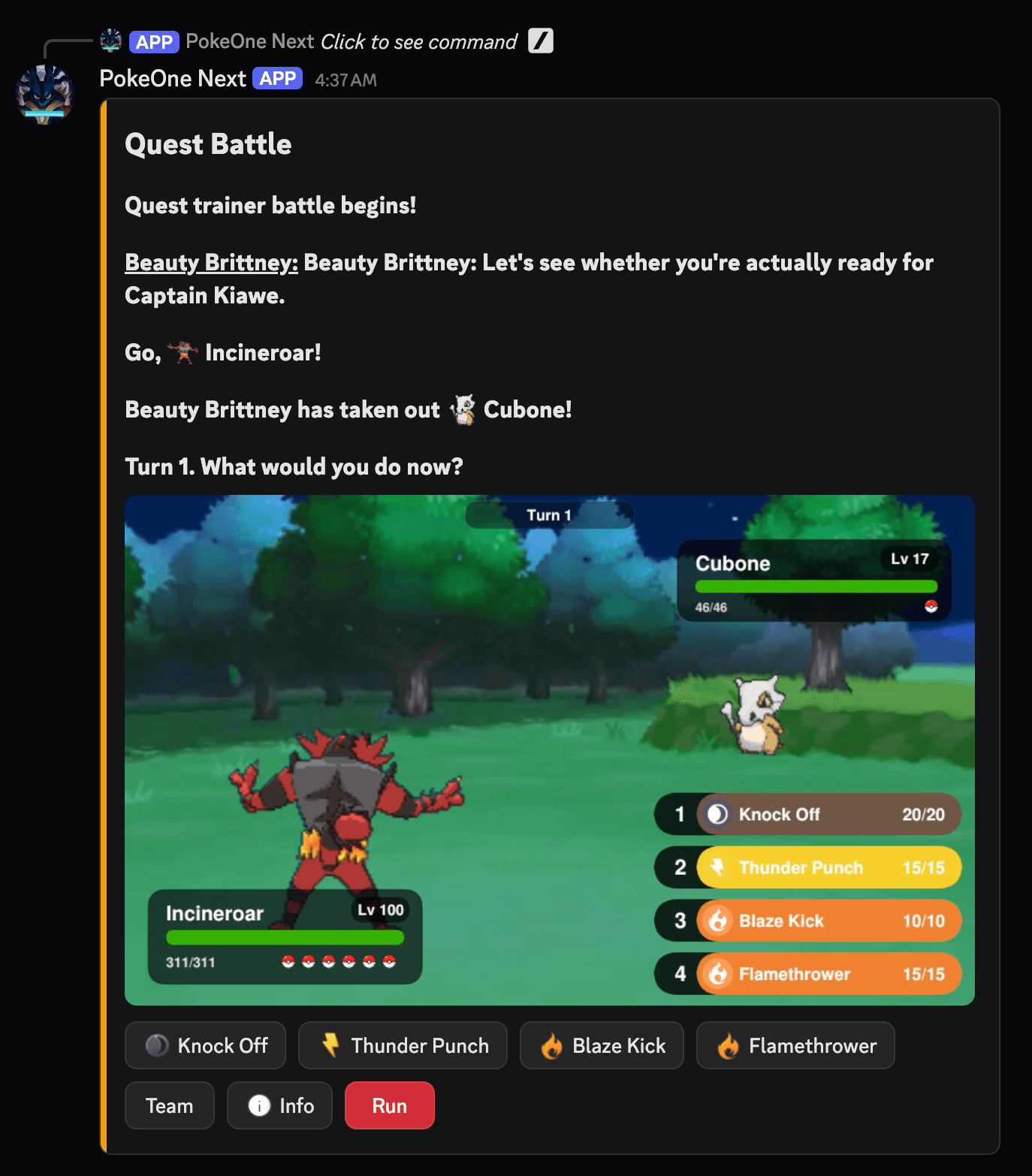 Quest battle interface inside Discord showing Incineroar facing Cubone.