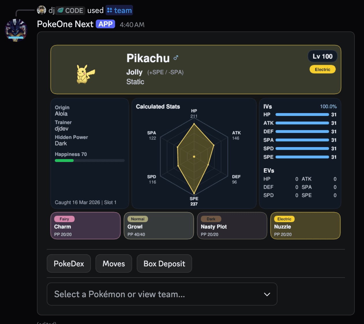 Pokemon team screen showing Pikachu stats, moves, and IVs.